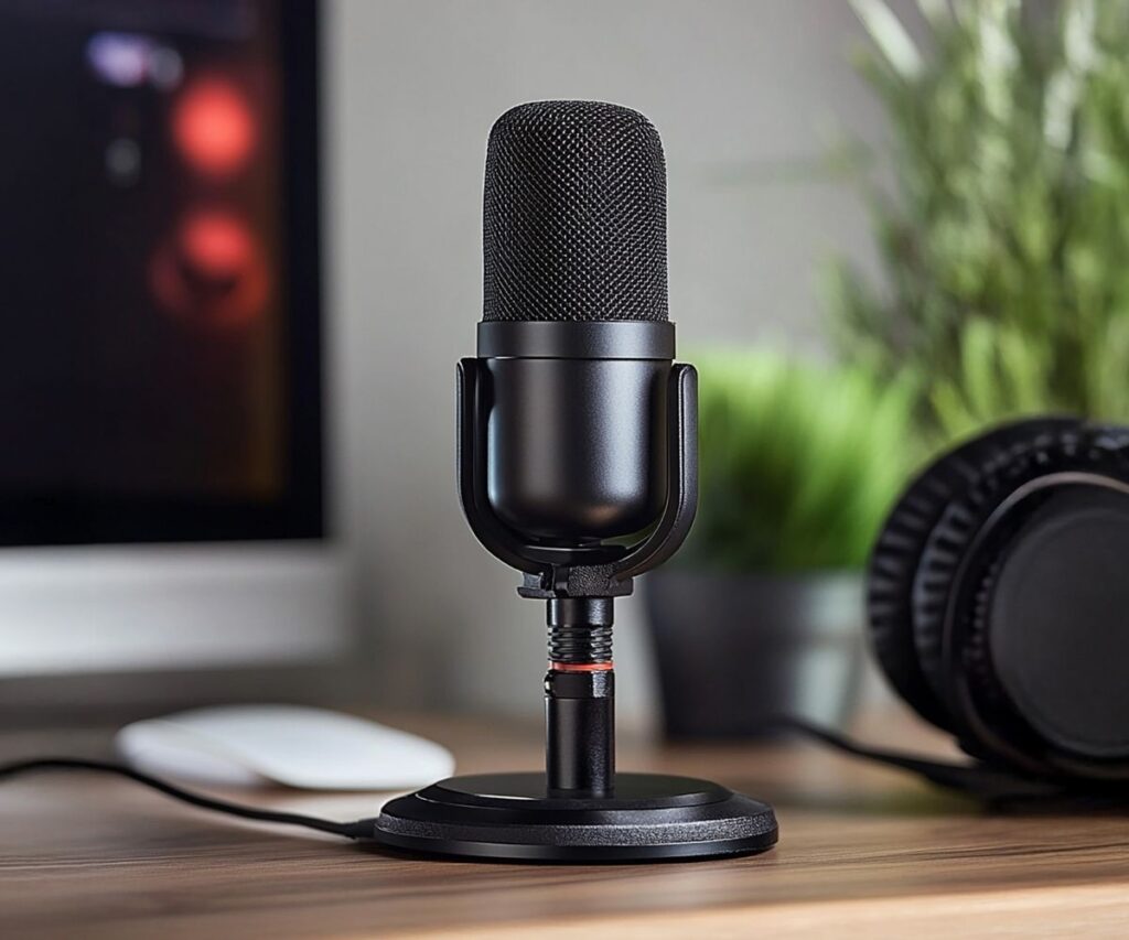Microphone sitting on desk.